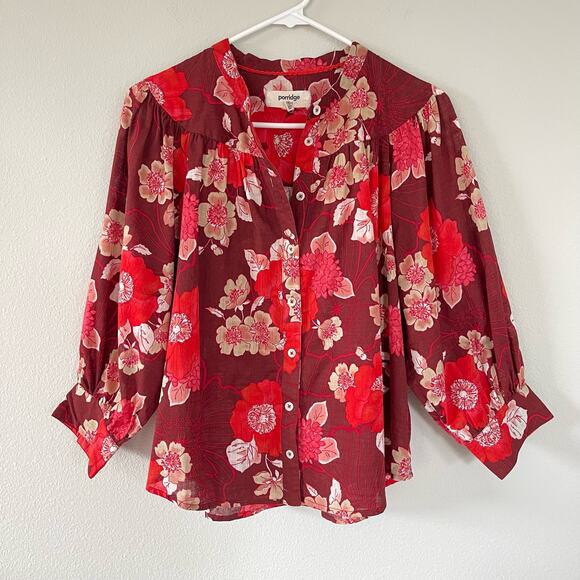 Porridge Red Foral Cotton Sheer Puff Sleeve Blouse (S) Anthropologie - Picture 1 of 11